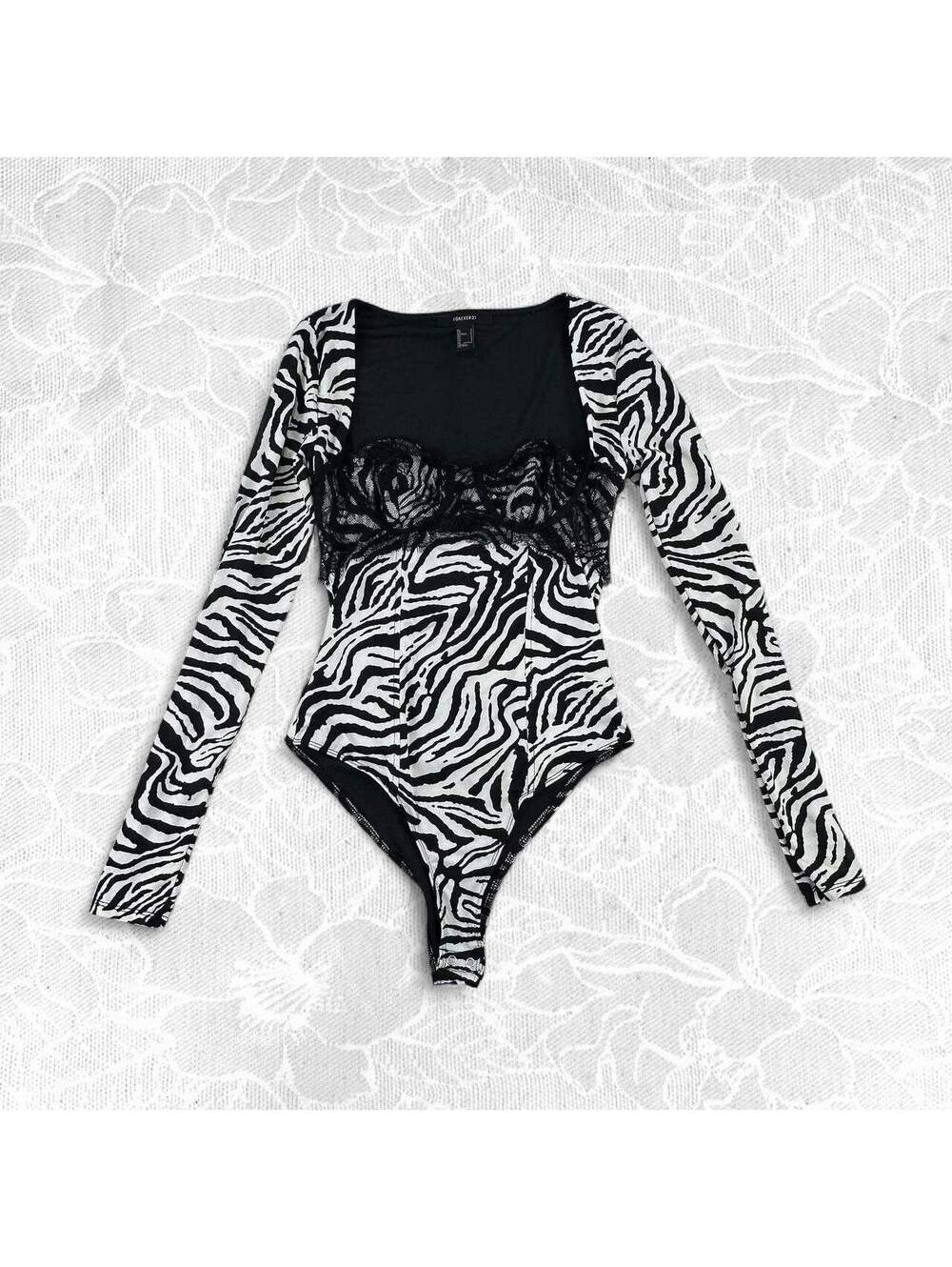 Forever 21 Zebra Print Long Sleeve Bodysuit with Lace - Small